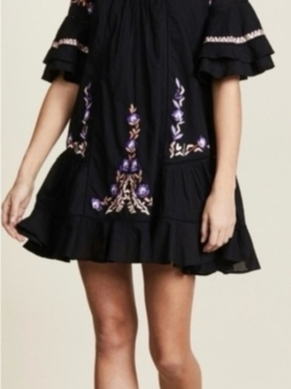 Free People - Black Embroidered Ruffle Hem Dress - Floral Detail